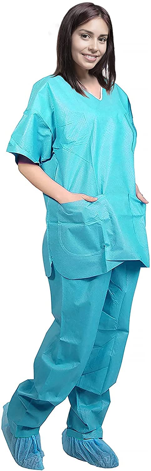 AMZ Medical SupplyDisposable Scrubs Top and Bottom. Anti-Static 42 GSM SMS Disposable Scrubs Set with 3 Pockets, Waist Ties