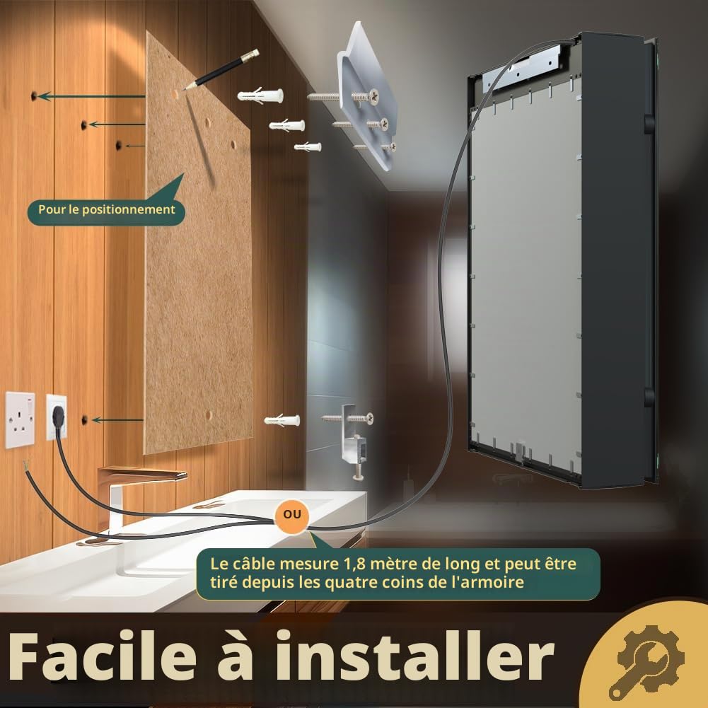 KWW LED éclairage Salle de Bains Armoire à Pharmacie avec Miroir, Température de Couleur réGlable, Anti - Buée, Prise et USB, Armoire à Pharmacie (Luminescence intérieure-2 portes-75×70)