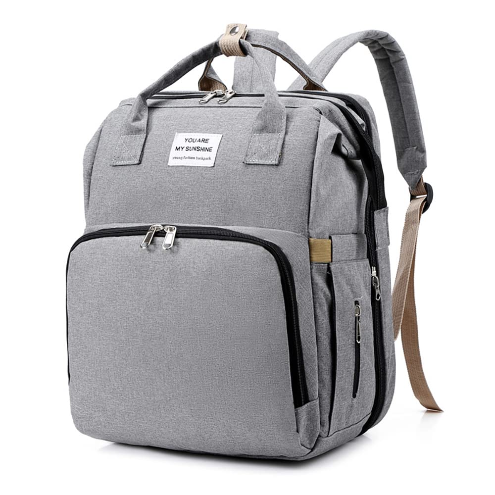 Sac à Dos à Langer pour Bébé,Sac de Voyage avec Lit de Bébé Portable,Grande Capacité Sac à Couches Multifonction Imperméable,2 Sangles de Poussette,pour Biberon Sac à Dos (Gris)
