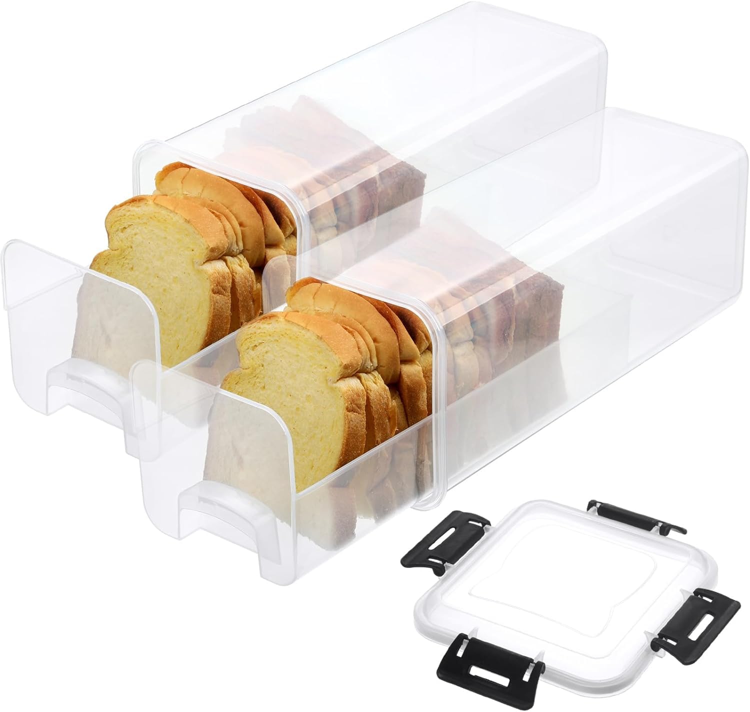 2Pcs Bread Box, Bread Storage Container with Tray for Kitchen Countertop, Plastic Bread Box with Airtight Lid, Loaf Bread Keeper, Sandwich Bread Dispenser, Bread Saver, Bread Holder for Homemade Bread