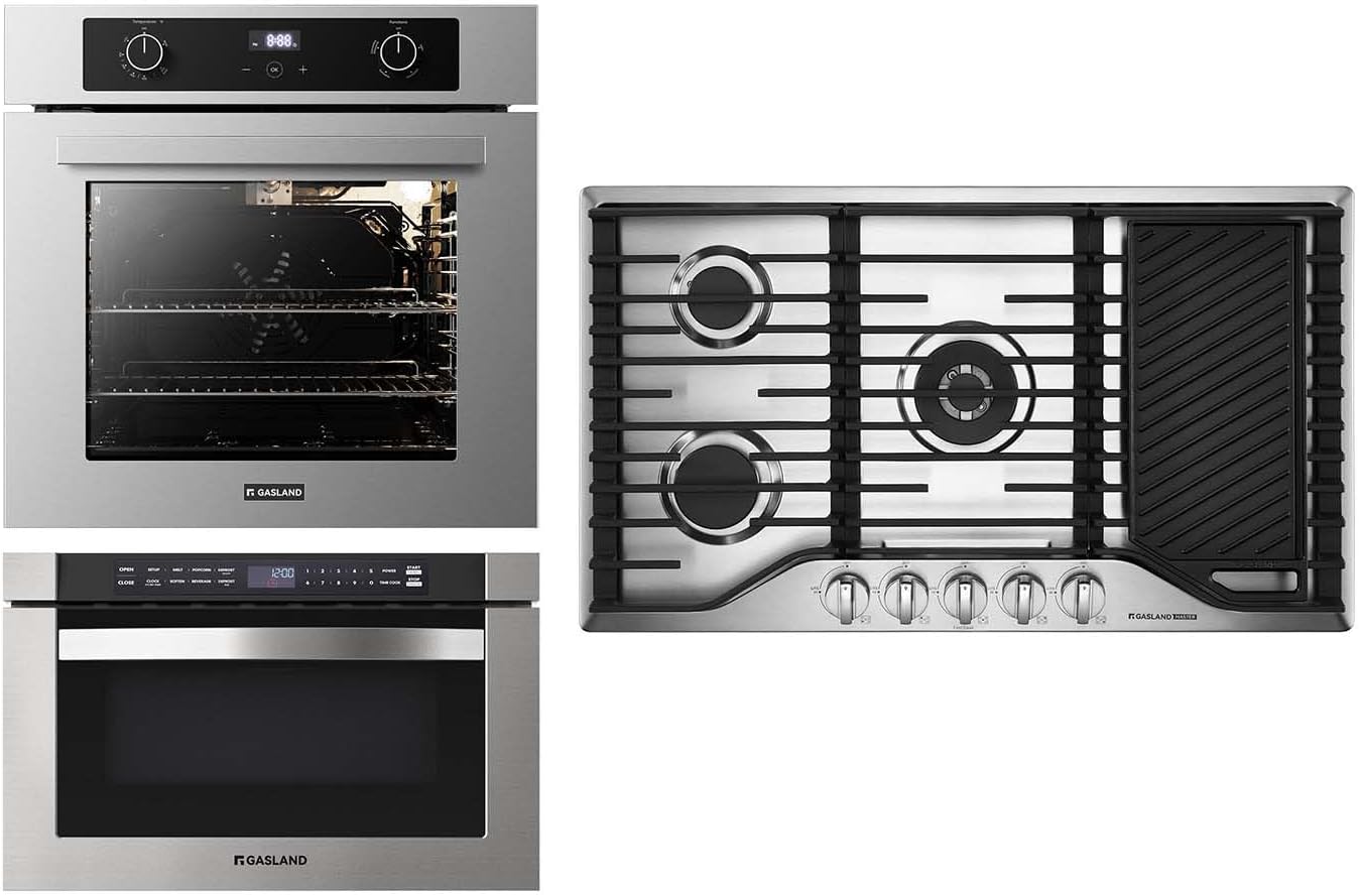 GASLAND Master Series 36 Inch Gas Cooktop with Griddle, 24 Inch Gas Wall Oven,1.2 cu. ft. Microwave Drawer 24 Inch