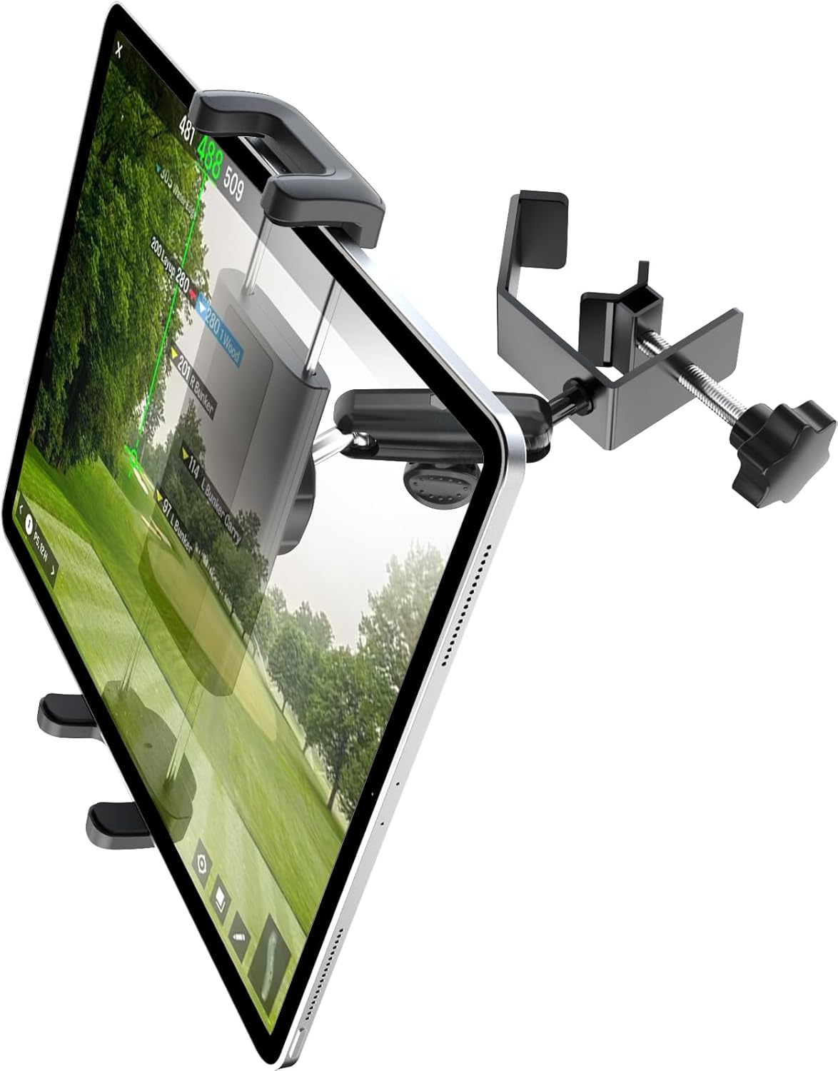 Charchendo No-Shake Golf Cart Tablet Holder, All-Metal Anti-Vibration Mount with Heavy-Duty Square Clamp, Silicone Padded Protective Cradle for iPad Pro/Air/Mini, Fits Golf Cart Rails & Roll Cages
