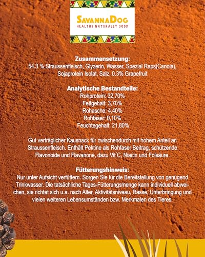SavannaDog Happen mit Grapefruit 800g - Hunde Leckerlis getreidefrei & hypoallergen, Leckereien für Hunde mit Straußenfleisch, Hundeleckerli mit wertvollen Ballaststoffen