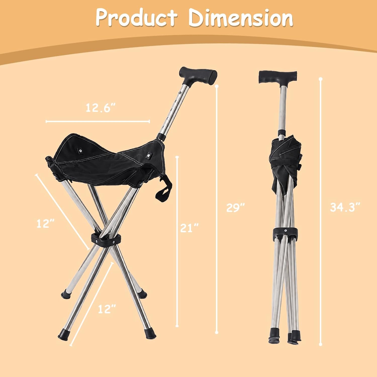 Urby 4-Leg Cane Seat Stool, Canvas Seat, Non-Slip Handle, Foldable