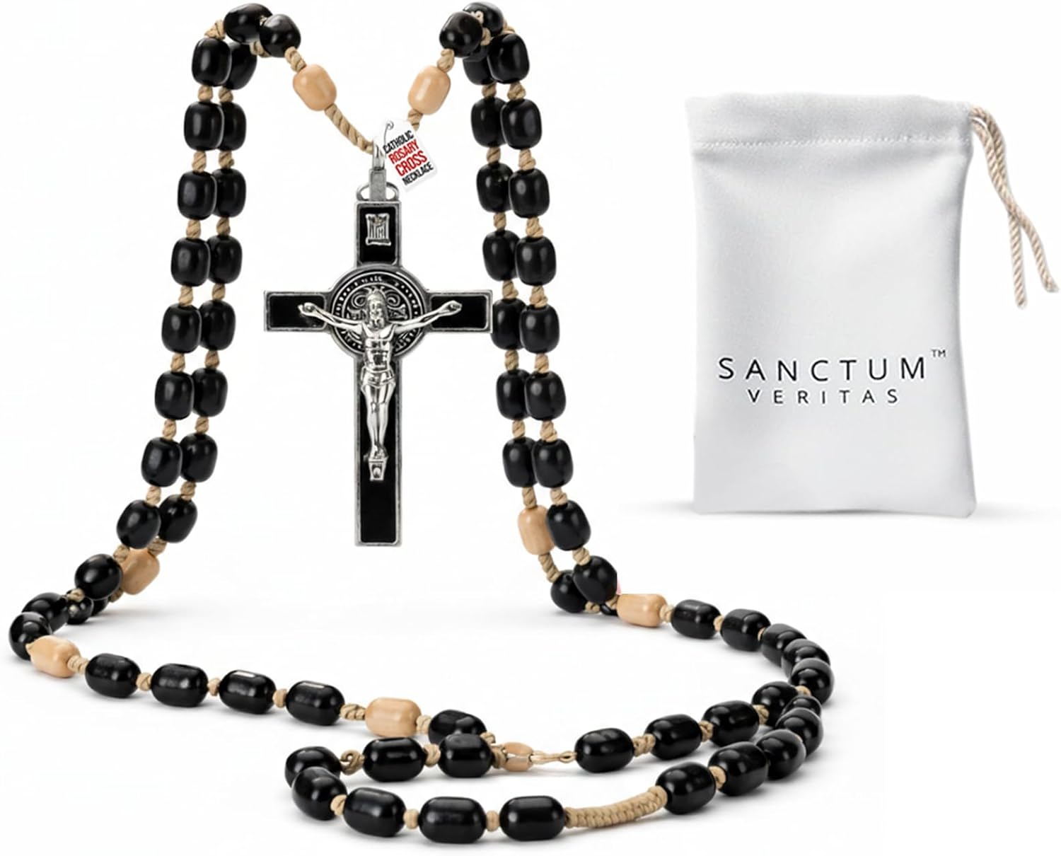 SANCTUM VERITAS Catholic Rosary Necklace | Large Bead Italian Rosary, Christian Prayer Beads for Car Mirror Decor, First Communion Religious Gift for Men and Women, Catholic Keepsake (Black Wood)