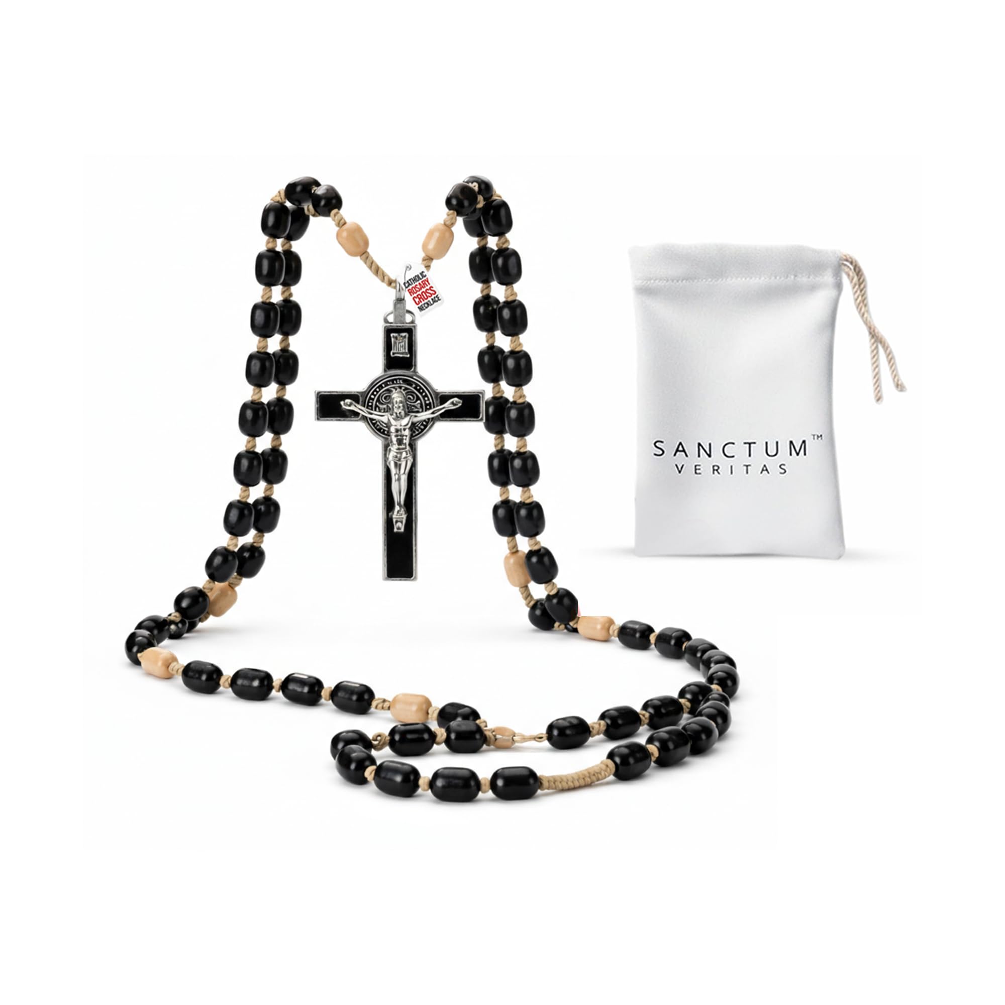 Sanctum Veritas Italian Rosary with Pope Leo XIV Apostolic Blessing – Large Beads Catholic Necklace for Car Mirror, First Communion, Religious Keepsake Gift (Black Color)