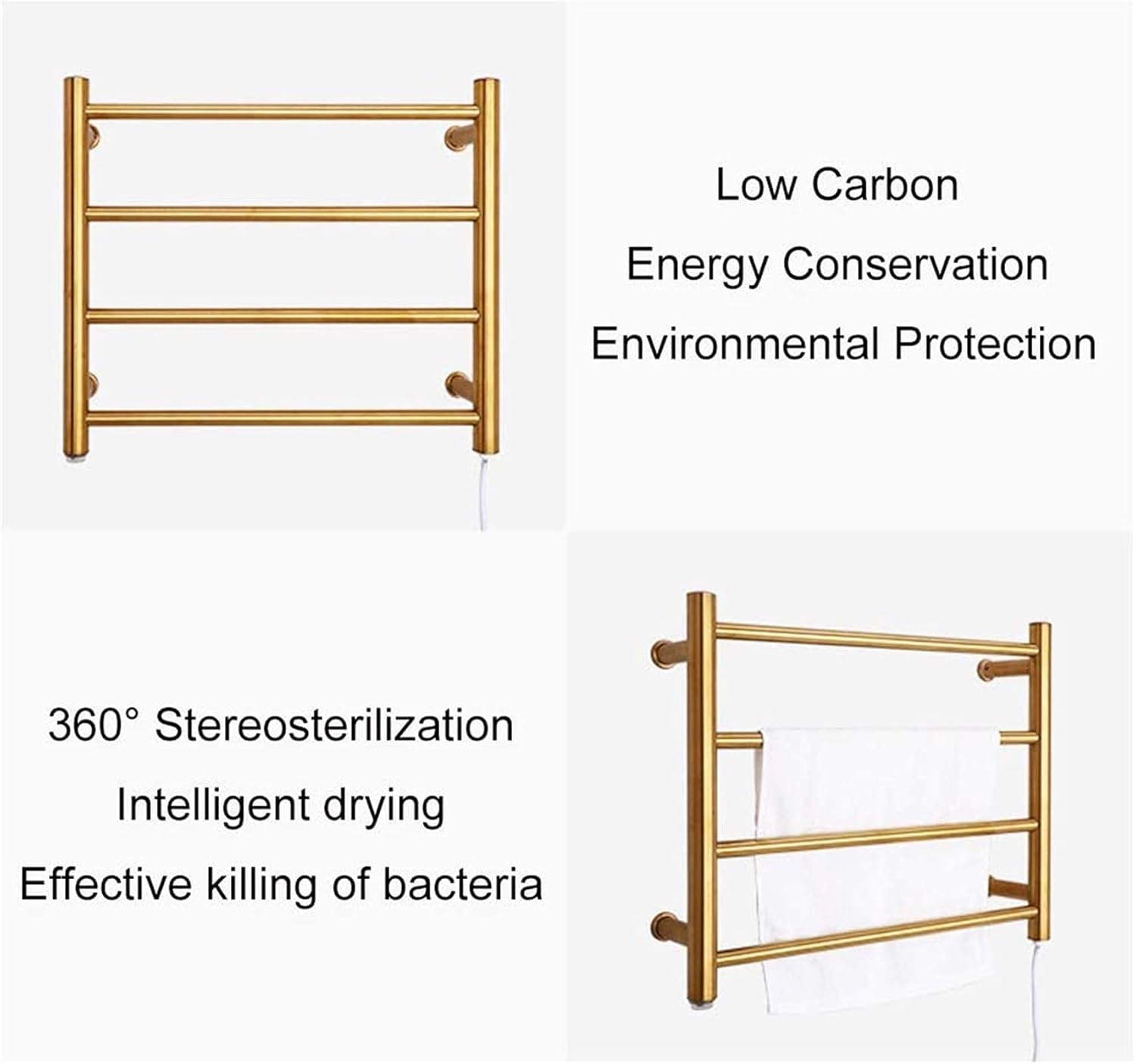 Heated Towel Rail Rails Electric Towel Warmer, Heated Towel Racks Wall Mounted Energy Saving Stainless Steel Towel Heater Racks 58W Hot Towel Rack for Bathroom, Gold,HardWire