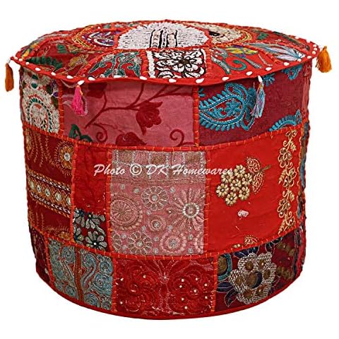 DK Homewares Ethnic Indian Desginer Ottoman Red Pouf Footrest Cover Home Decorative Bean Bag Floral Seat Furniture Foot Stool Hassock Pouffe Cover (18X18X13 Inches / 45 Cm) Cover