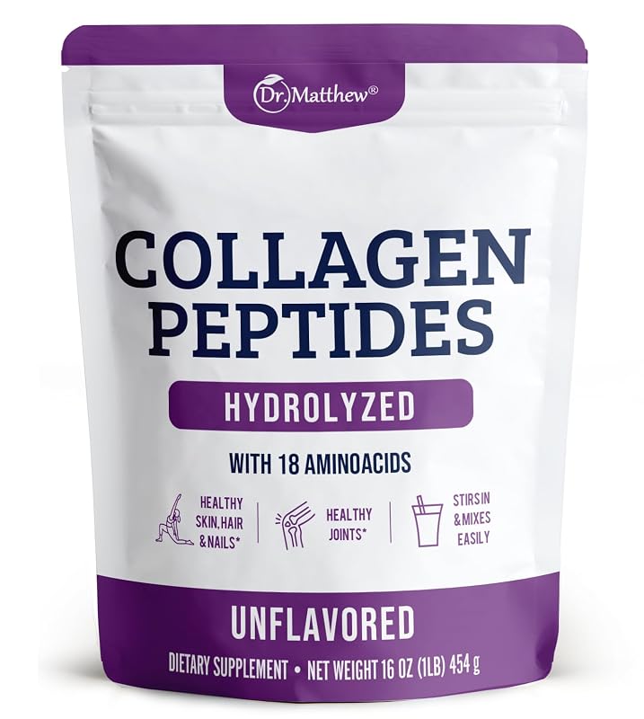 Dr. Matthew Colágeno hidrolisado em pó sem sabor, peptídeos de colágeno bovino tipos 1 e 3, 11 g por porção, 454 g