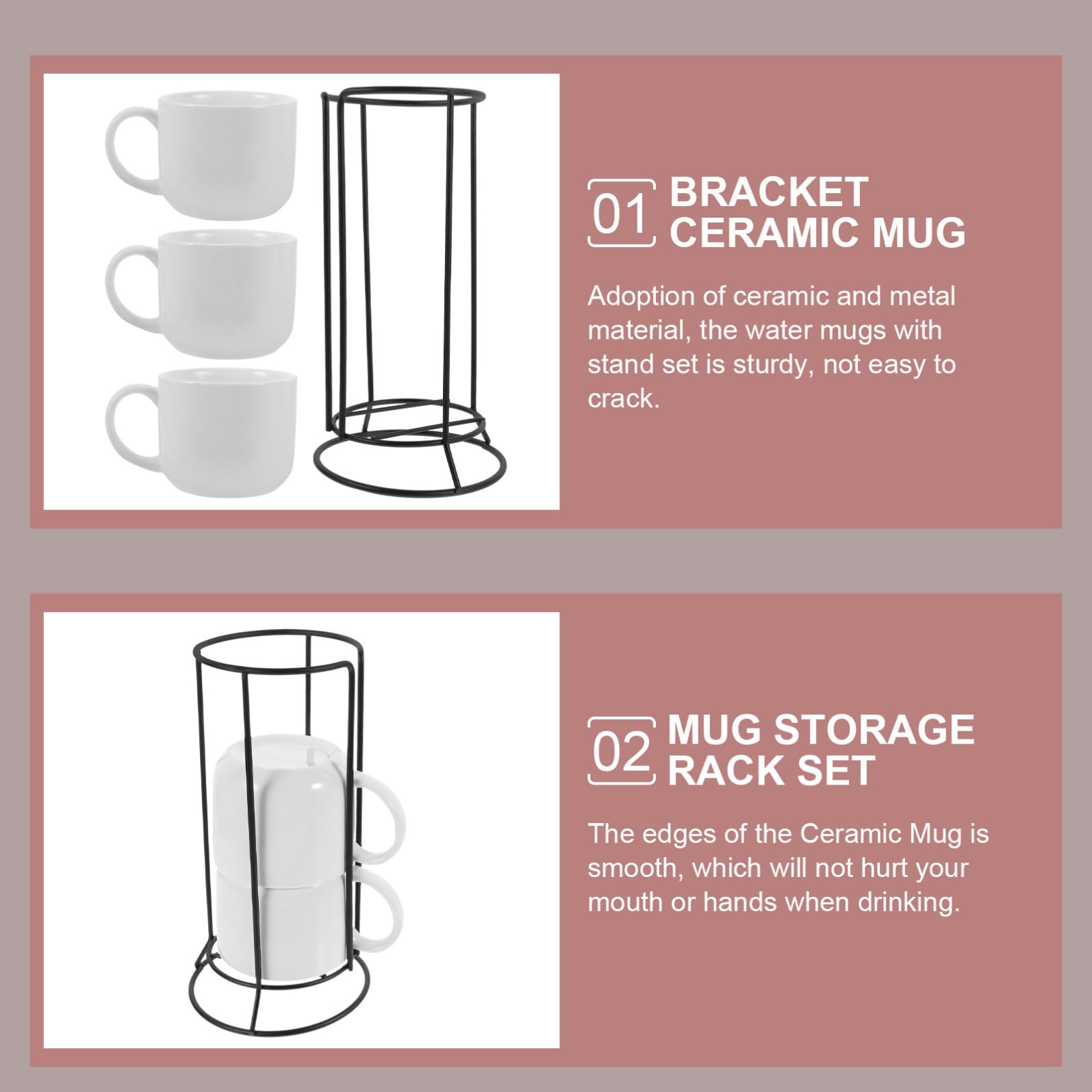 Tazas de Cerámica Taza de Agua y Café Juego de 4 con Soporte de Hierro Diseño Resistente y Bordes Lisos para Hogar y Restaurantes