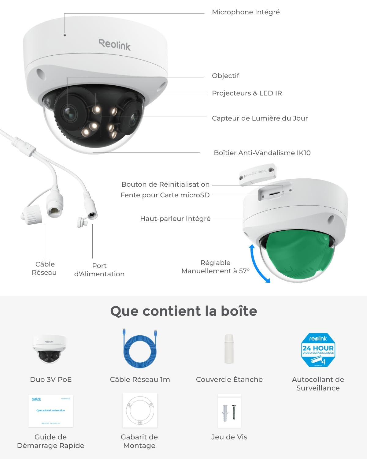 Reolink 16MP UHD 180° Pan Cam Sécu PoE Double Objectif, Suivi Mouvements, Vision Nocturne Couleur, Spots, Détect. Intell. et Alertes, Audio 2 Voies, IK10 Anti-Vandal, IP67 Anti Intempéries, Duo 3V PoE