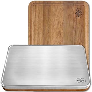 HAVHAF Double-Sided Cutting Board 15x10: Acacia Wood & 304 Stainless Steel with Lip - Hygienic Non-Toxic Kitchen Chopping Board for Prep, Defrost & Serving
