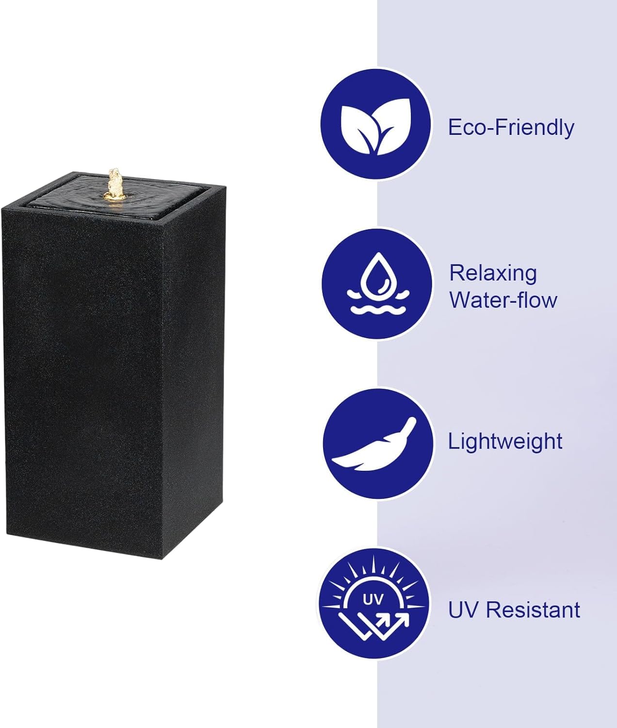 25.98” H Outdoor Water Fountain Made with Eco-Friendly Recyclable Materials, Polyethylene Square Bubbler Outdoor Fountain, Garden Decor with LED Light for Patio, Porch, Backyard (25.98”)