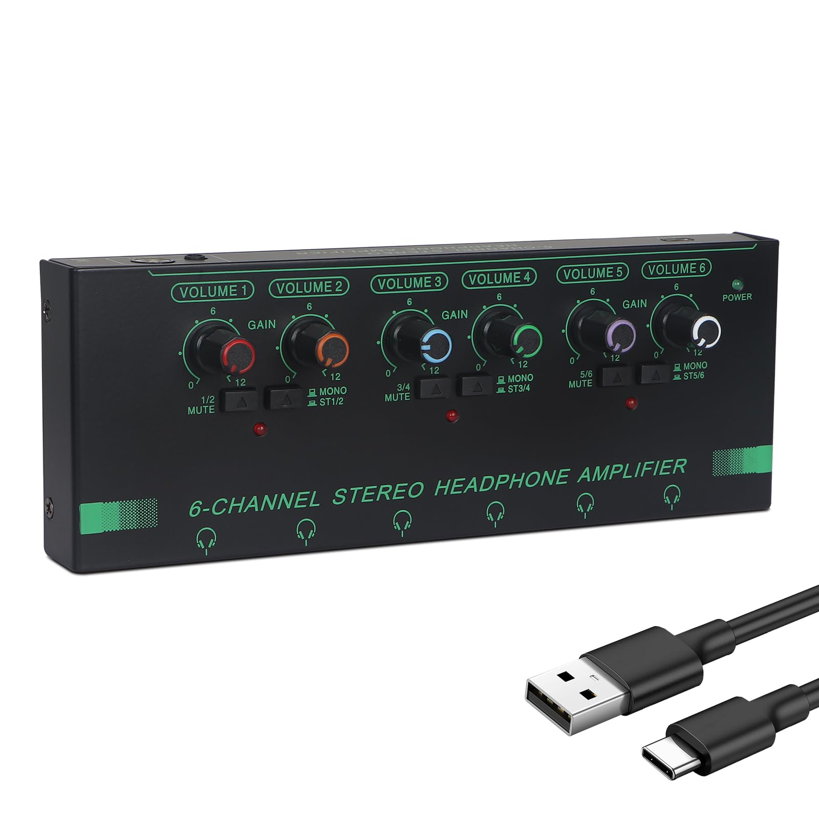 Horse Headphone Amp Amplifier, 6-Channel Metal Stereo Audio Amplifier, Mini Earphone Splitter, 1/4" 1/8" TRS/TS Audio Input and Output for Music Studio, DC 12V(Green&Black)-image-21