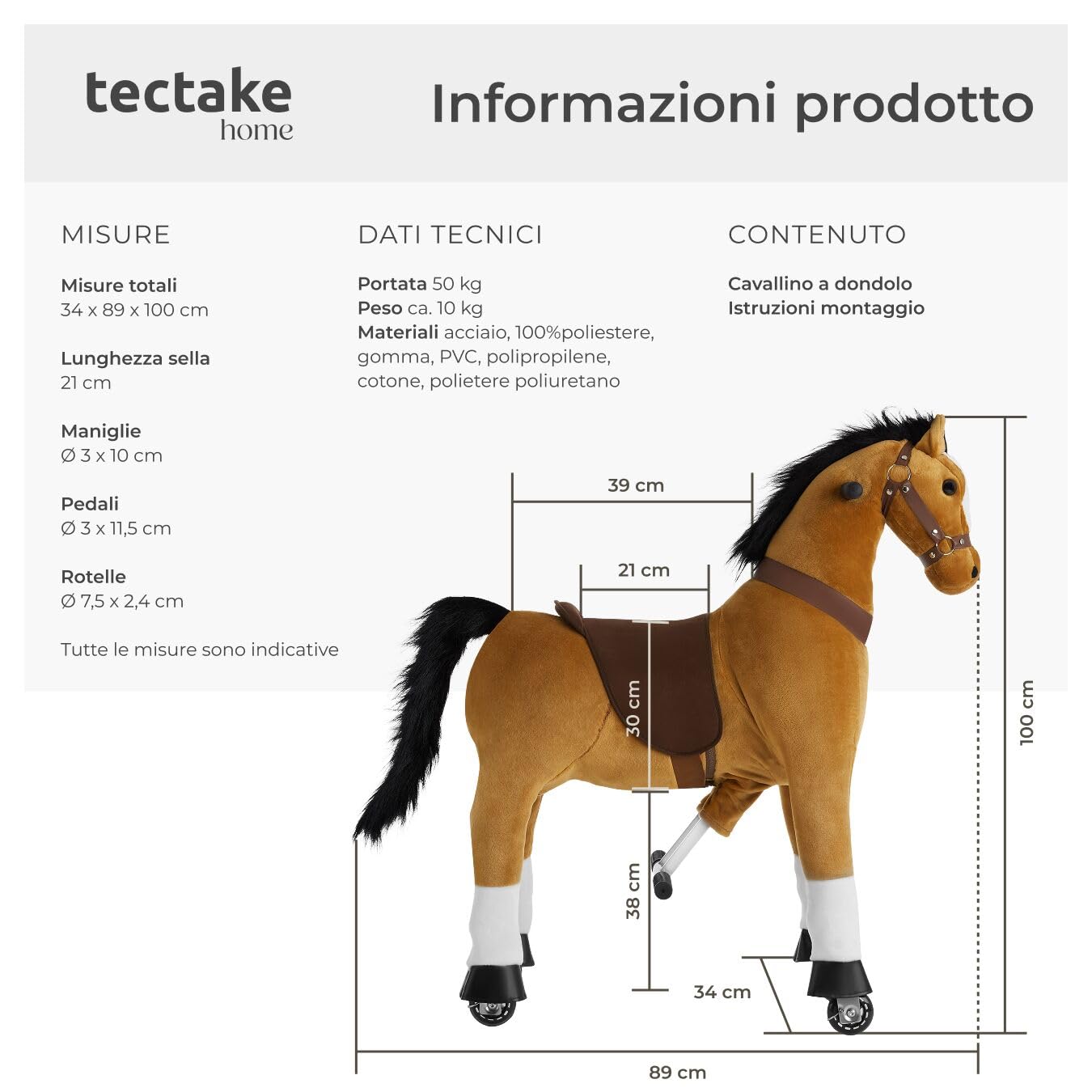 tectake® Cavallo a Dondolo con Ruote Scorrevoli, Cavallo a Dondolo per Bambini Realistico, Cavalluccio a Dondolo con Telaio in Acciaio, Cavallo Peluche Antiscivolo - 34x89x100 cm