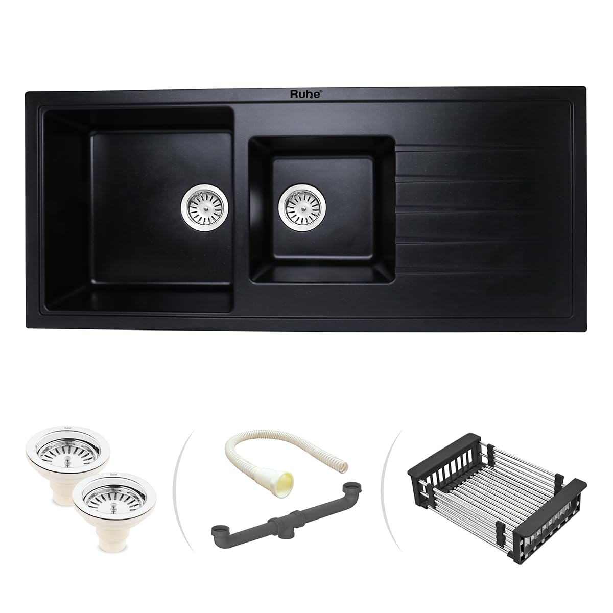 Ruhe® Quartz Double Bowl With Drainboard 45x20x9 Inches Kitchen Sink | Black Non-fading with UV Protection | Natural Stone Granite Sink with Sink Coupling, Connector Pipe, Waste Pipe & Strainer Basket