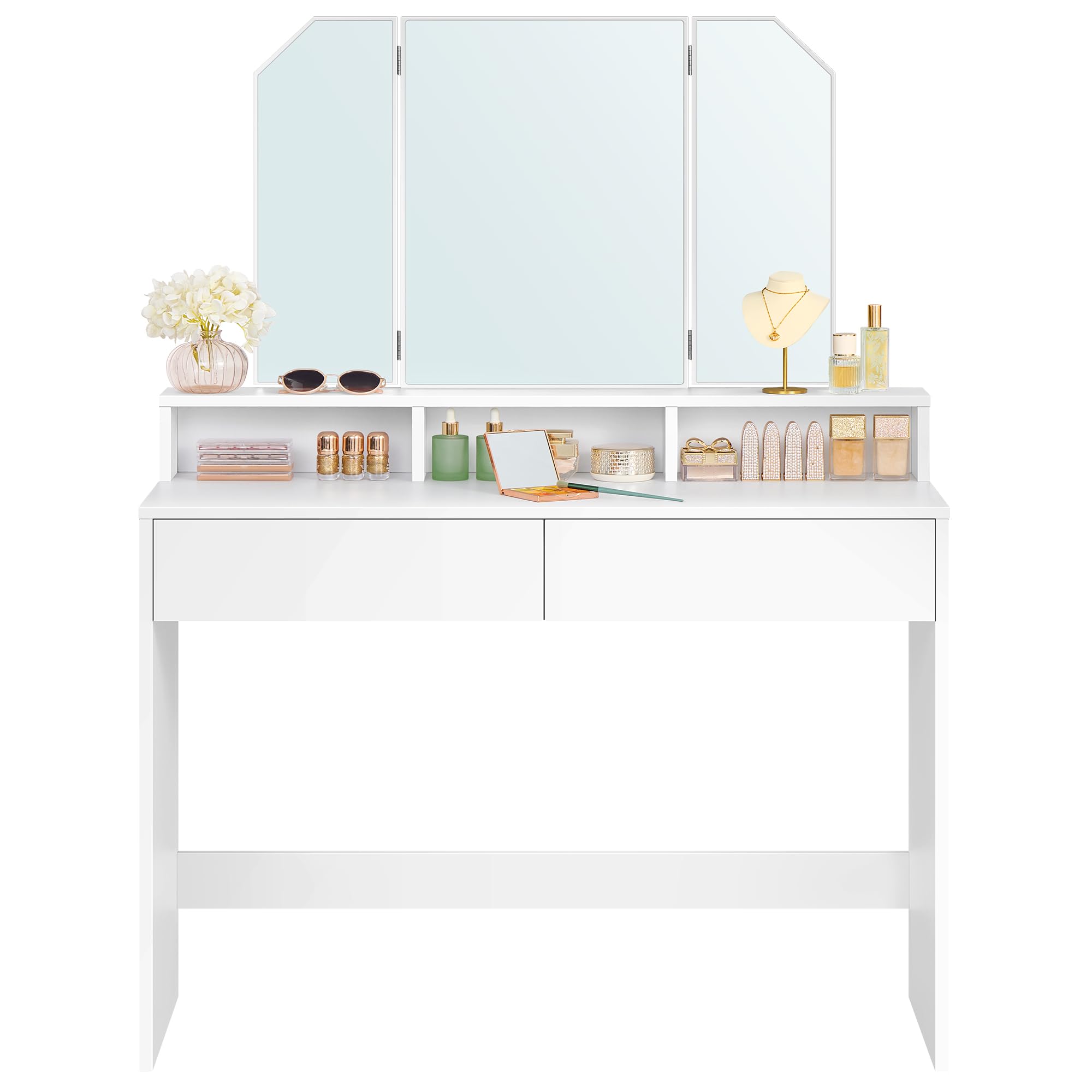 VASAGLE RDT115W01 Modern 2 Drawer 3 Open Compartment Makeup Vanity Table with Folding Mirror - Cloud WhiteThe Forest Stewardship Council