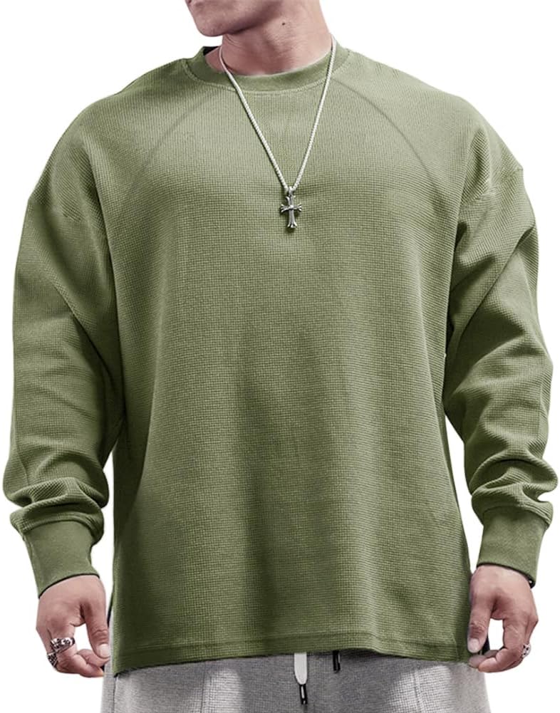 JEEING GEAR Men's Basic Long Sleeve Waffle Sweatshirt Loose Fit Workout Pullover Crewneck Shirt