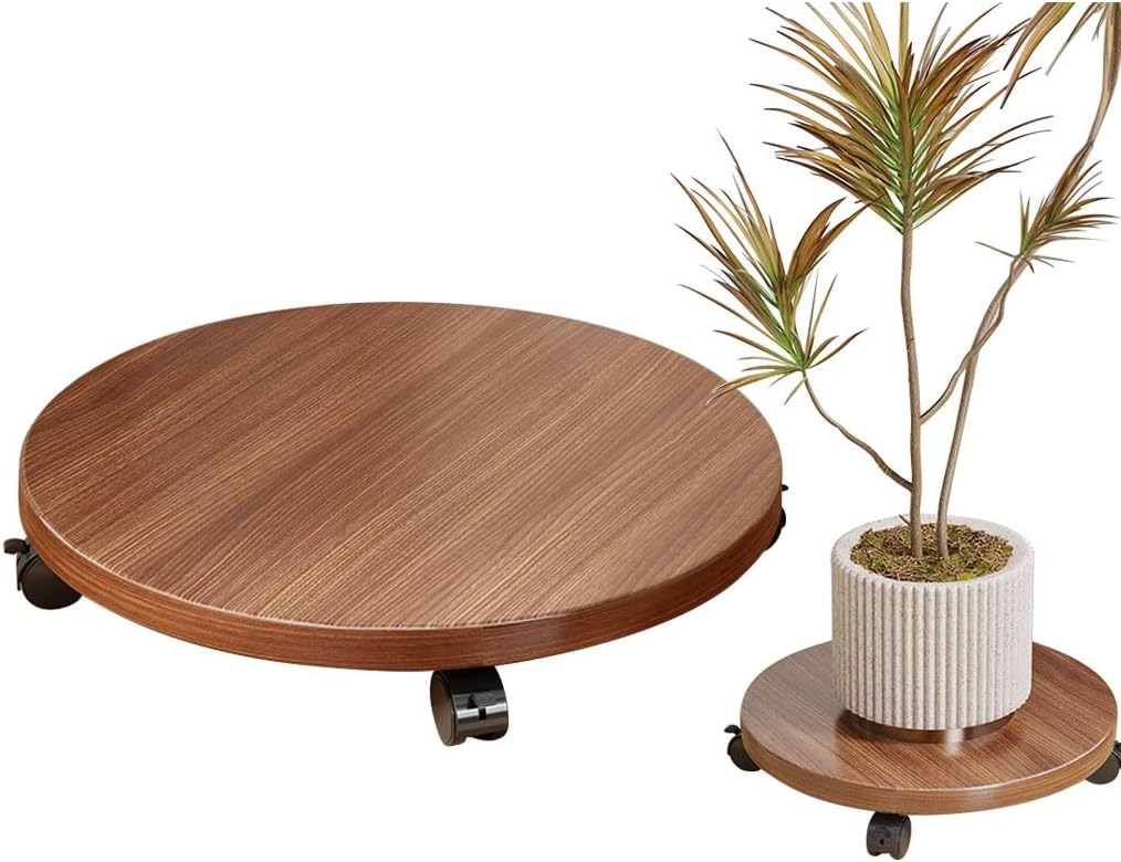 YCKEGEW Flower Pot Rack on Roller Wood Round Rolling Plant Stand with Casters,Heavy Duty Plant Pot Trolley for Patio Garden Indoor Move Base Tray(Walnut,25cm/9.84in)