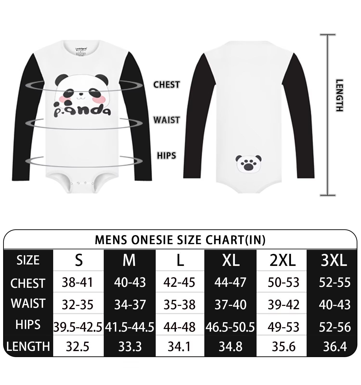 Landofgenie Męska Piżama Romper z Długim Rękawem Onesie Body Jednoczęściowy Kombinezon z Nadrukiem Pandy