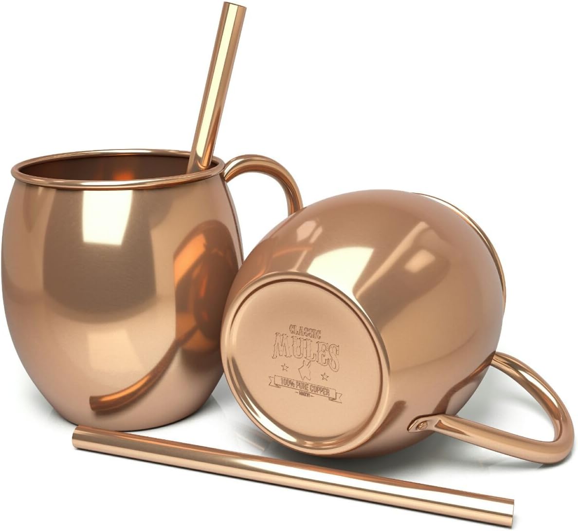 100% Pure Copper Mugs (set of 2) - 16oz Copper Cups - Handcrafted - BONUS Copper Straws - Moscow Mule Copper Mugs - Riveted Handles