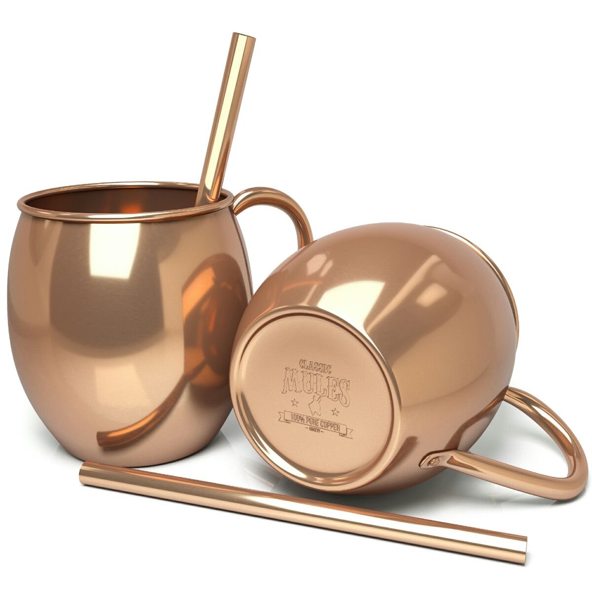 100% Pure Copper Mugs (set of 2) - 16oz Copper Cups - Handcrafted - BONUS Copper Straws - Moscow Mule Copper Mugs - Riveted Handles