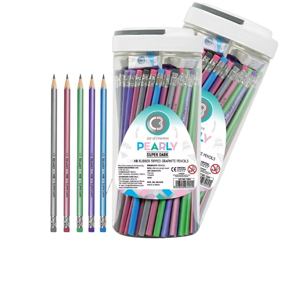 Pearly Super Dark HB Graphite Pencil Set with Eraser Tips | Multicolour Finish | High-Quality Smooth Writing Pencils in Reusable Jar-image-3