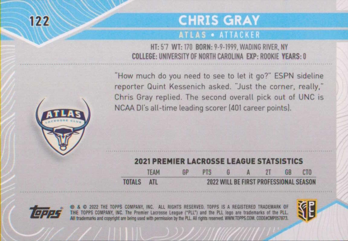 2022 Topps Premier Lacrosse League #122 Chris Gray Atlas Rookie Lacrosse Card - GotBaseballCards