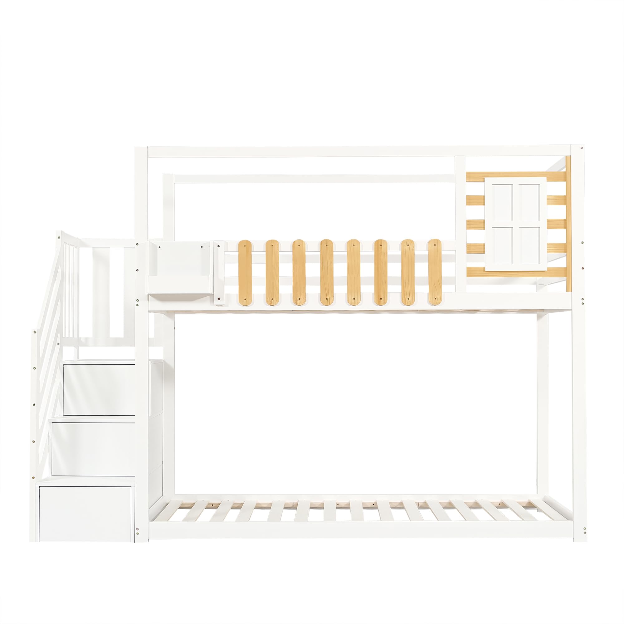 Aoskem Kinderbett Etagenbett 90x200 cm für 2 Kinder, Hochbett Hausbett mit Treppe Stauraum, Holzbett mit Fenster & Gitter, Bettgestell Kinderbett mit Rausfallschutz & Lattenrost, Ohne Matratze, Weiß