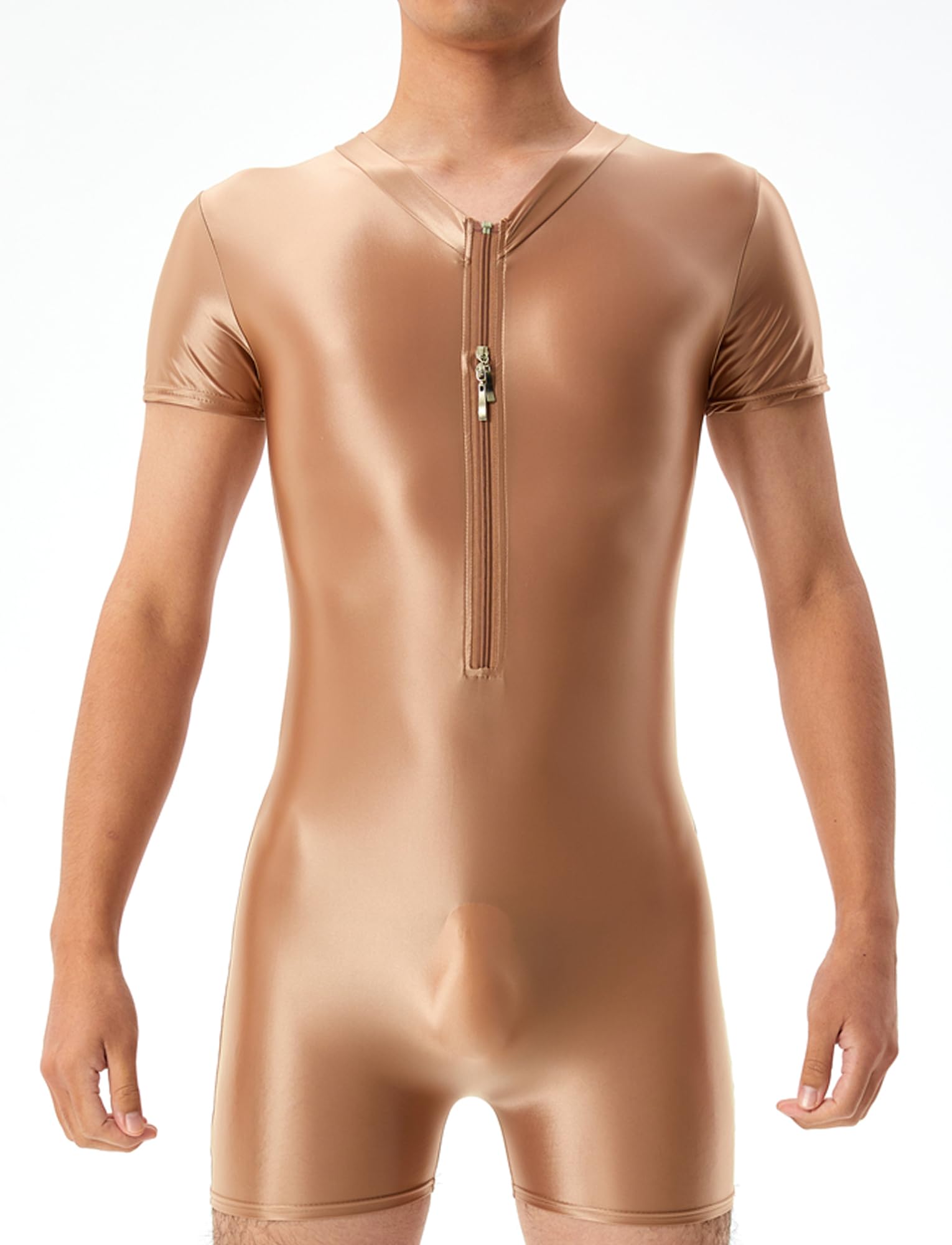 AIEOE Oil Shiny Bodysuit for Men Zip Front Leotard Boxer Shorts Oil-shiny Wrestling Singlets High Elastic Bodysuit Basic Jumpsuit One-piece Bodysuit for Loungewear