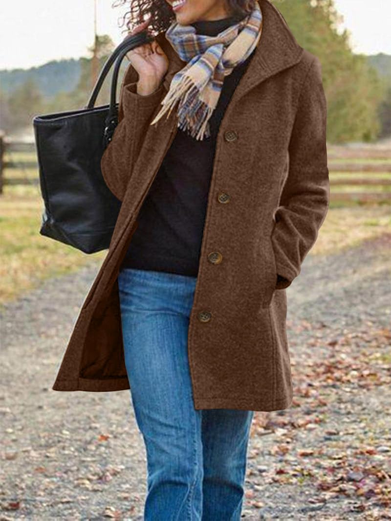 utcoco Women's Casual Thicken Single Breasted Pea Coat Stand Collar Mid Long Wool Coats with Pockets - Image 2