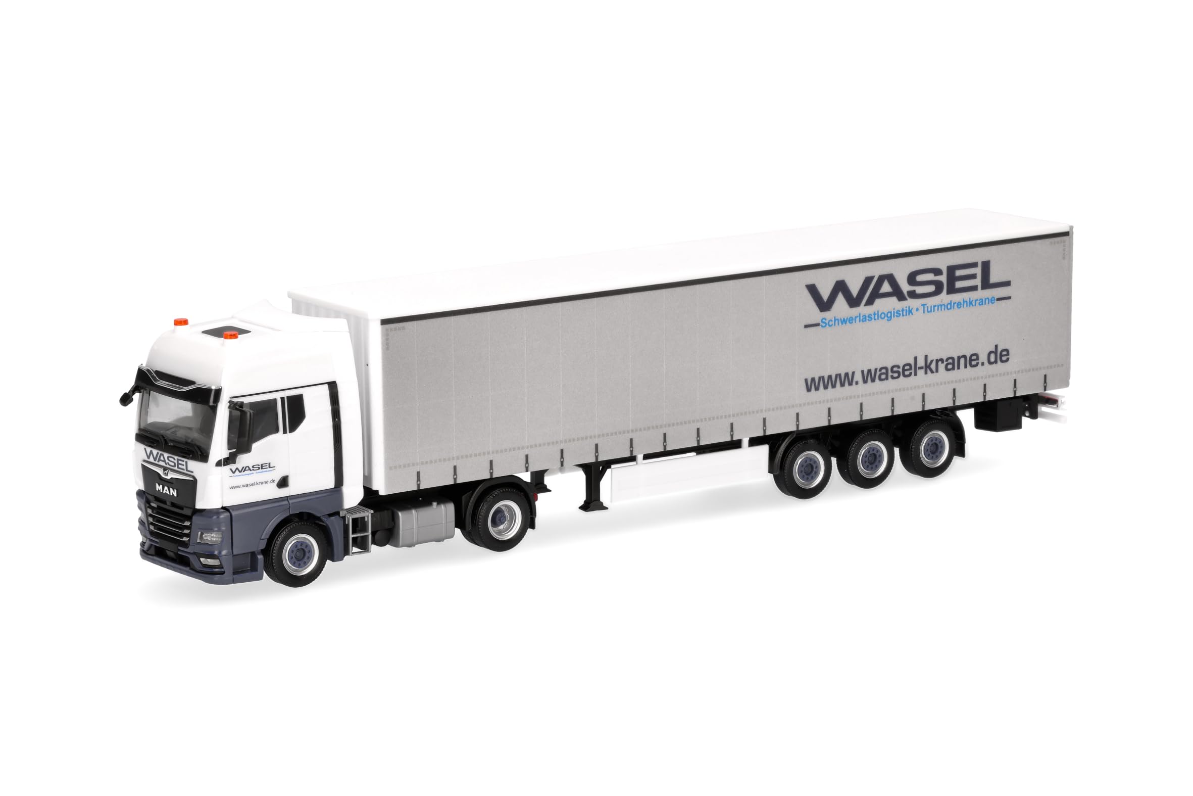 Herpa Model ciężarówki MAN TGX GX naczepa z plandeką kurtynową „Wasel”, miniatura w skali 1:87, model kolekcjonerski, wyprodukowany w Niemczech, wykonany z tworzywa sztucznego