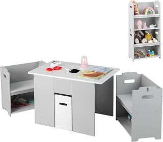 KOMFOTTEU 4 en 1 Juego de Mesa y Sillas para Niños, Mesa Infantil con 2 Sillas Apilables y Caja de Almacenaje con Tapa Extraíble, Conjunto de Muebles Multifuncionales para Niños más de 3 Años