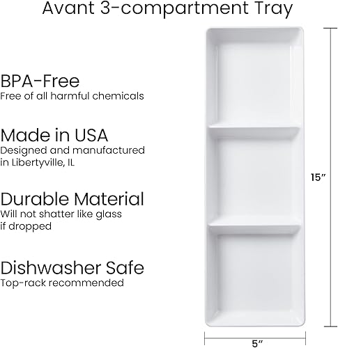 Miniatura 5 de US Acrylic Avant Bandeja apilable de plástico de 3 secciones de 15 x 5 pulgadas color blanco juego de 4 aperitivos charcuterías alimentos aperitivos