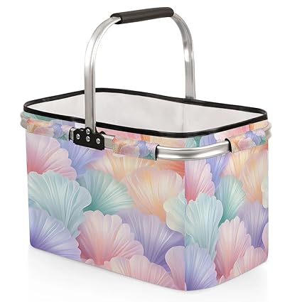 Kizmoglux Colorful Shell Collapsible Market Basket, Foldable Picnic Basket - Large Shopping Basket with Handles, Portable Folding Bag for Shopping Camping Picnic