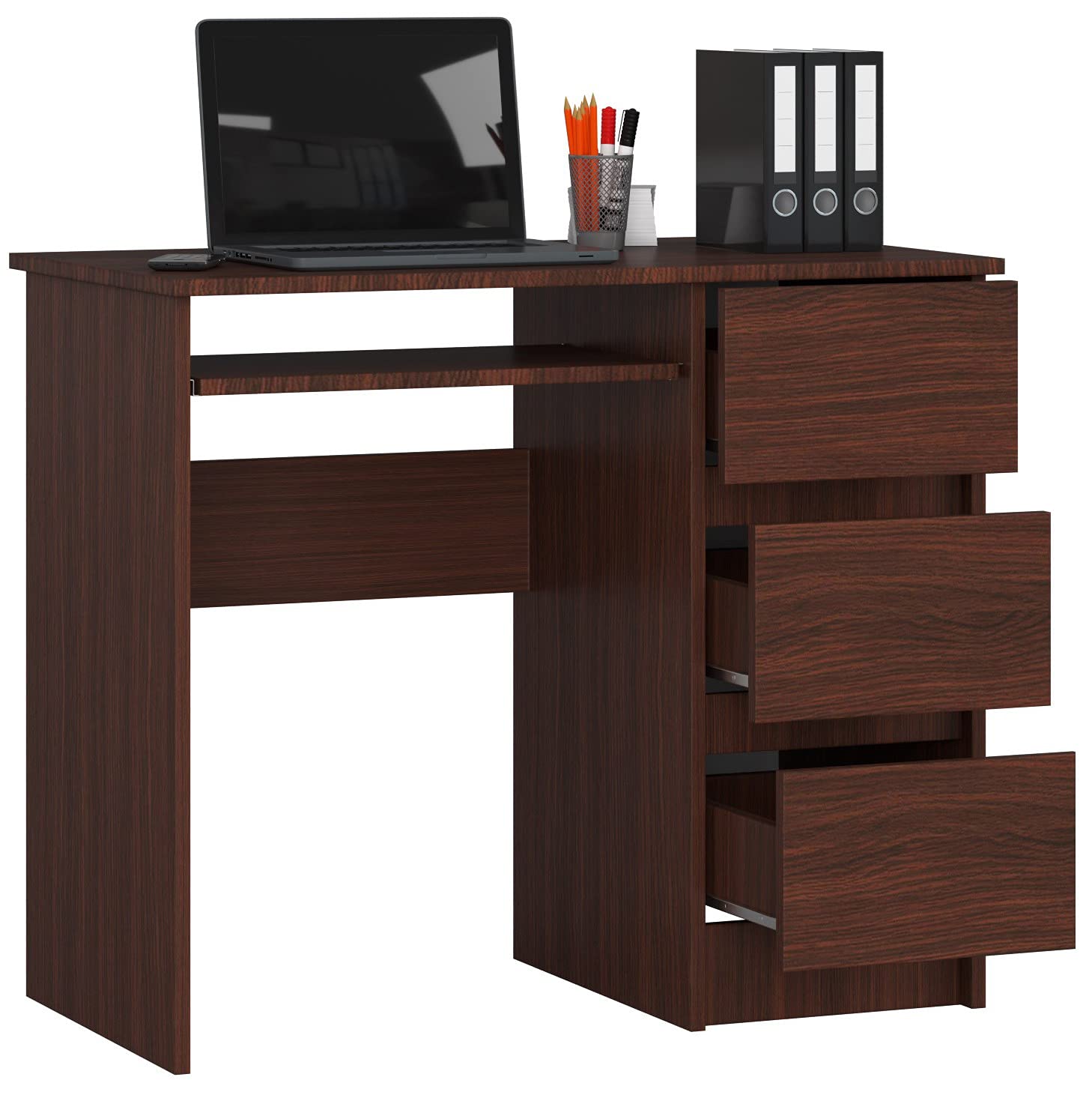 AKORD | Scrivania A-6 con Ripiano per Tastiera | Office Desk | 3 Cassetti a Destra | Scrittoio per Ufficio | Per Computer PC Laptop | 90x77x50 cm | 30 kg wengé
