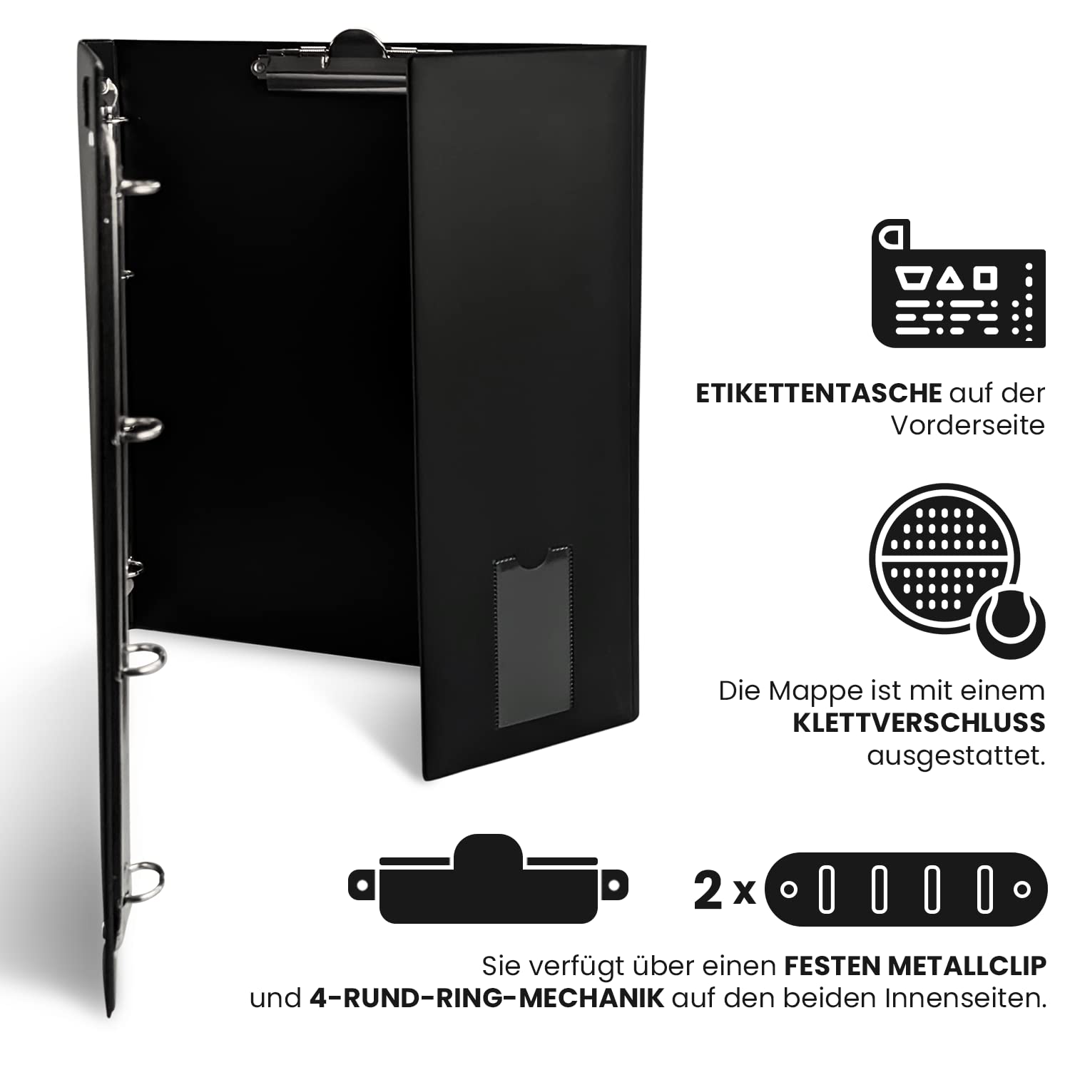 Netuno 1x Dokumentenmappe A4 Schwarz Klemmbrettmappe mit 4 Ring-Mechanik Dokumentenordner Büroordner Briefordner office folder organiser Dokumententasche Aktenmappe Fächermappe Konferenzmappe