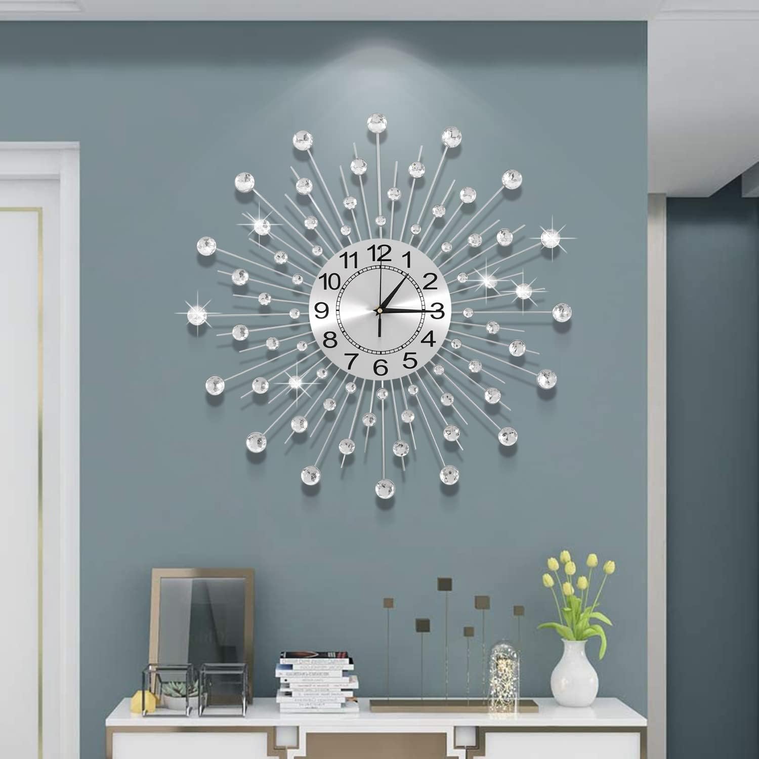 24 Inch Crystal Large Wall Clock for Living Room Decor, Modern Metal Starburst Wall Clock Decor, Bling Crystal Clock for Kitchen Office Bedroom Living Room Decorative