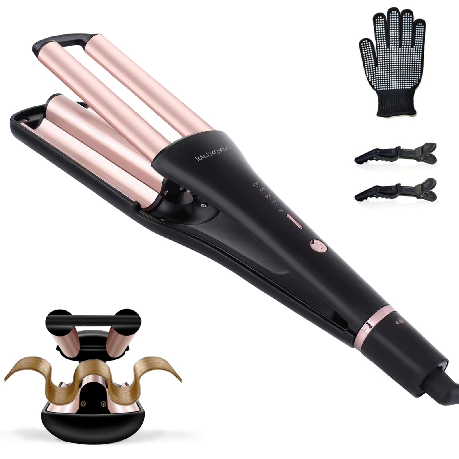 4 in 1 Crimper Hair Tool - Hair Waver with Adjustable Depths for 4 Wavy Styles, Beach Waves Curling Iron with 3 Ceramic Barrels, 4 Temperatures, Dual