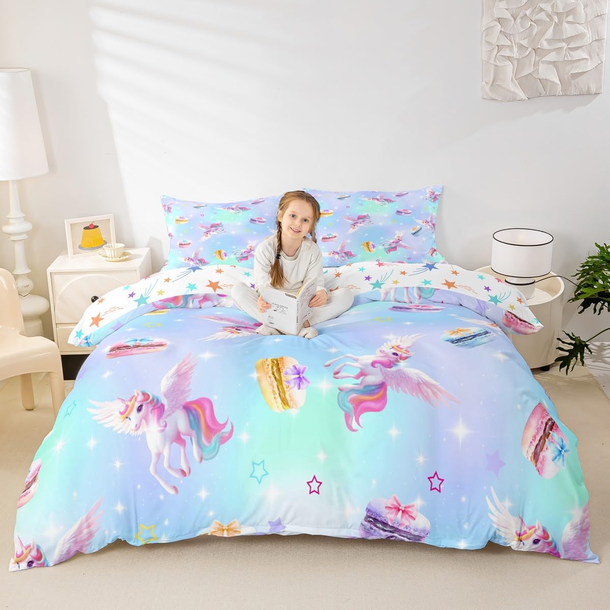 Housse de couette étoiles motif nœuds et licornes pour lit king size Manfei