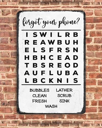 Forget Your Phone Bathroom Word Search Sign Retro Bathroom Rules Tin Sign for Restroom Bathroom WC Restroom Decor Gift Ideas Ladies Men Friends 12x8inch
