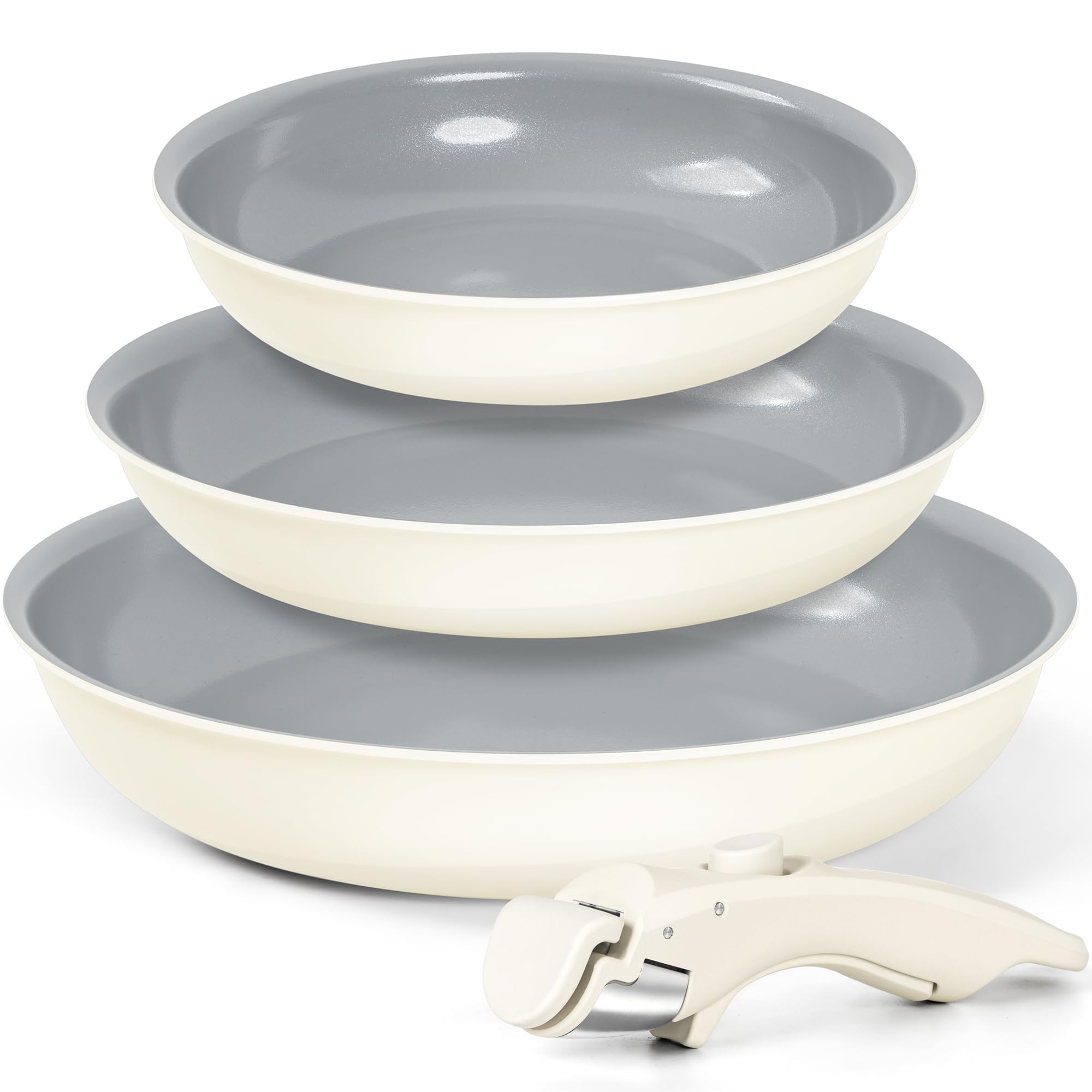 MICHELANGELO Keramik Pfannenset 4-teilig (20/24/28 cm) | Induktionseignung & ofenfest bis 240°C | Mit abnehmbarem Griff & marmorierter Keramik Anti-Haft-Beschichtung, Weiß und Grau