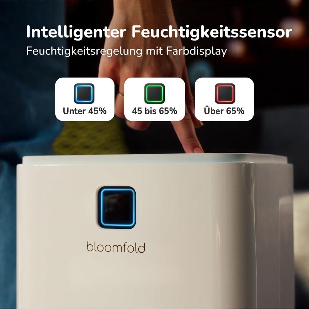 Bloomfold dehumidifier placed in a bathroom setting, indicating its suitability for such environments.