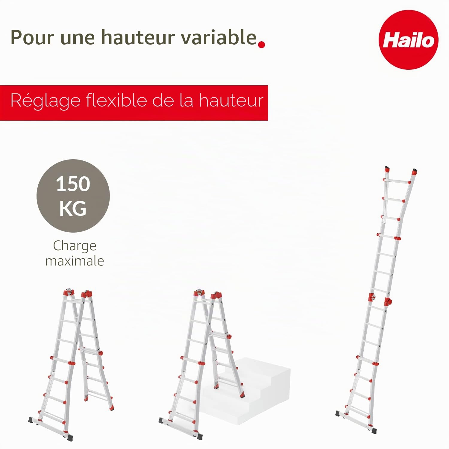 Hailo M80 7516007 Aluminium Echelle Polyvalente Hauteur de Travail (Max.): 4.70 m Argent, Rouge 12.7 kg