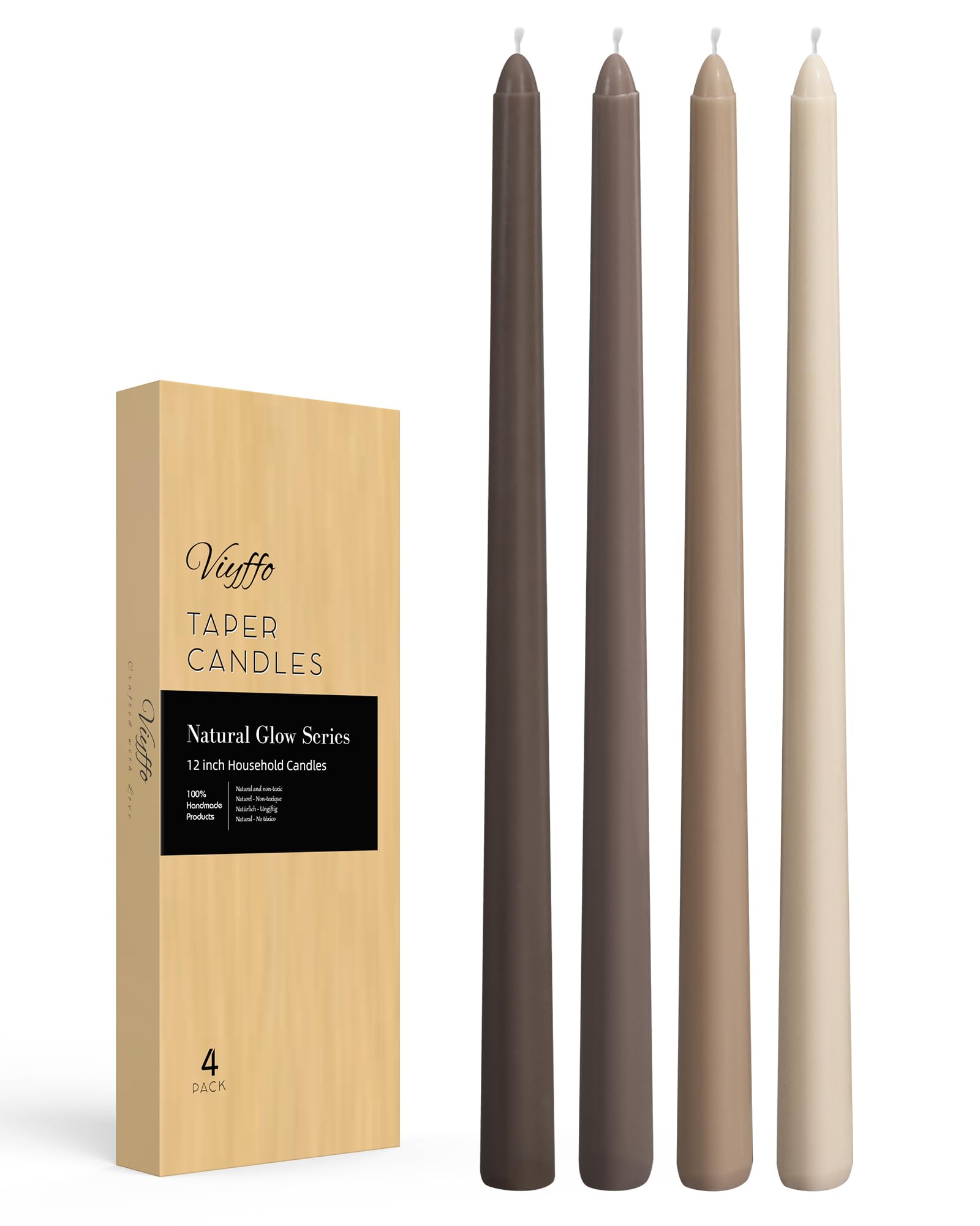 Viyffo Taper Candles 12 Inch Brown Set of 4 Unscented, Dripless, Smokeless Long Tall Tapered Candlesticks Wedding Advent Home Decor Dinner Christmas-Natural Color Series