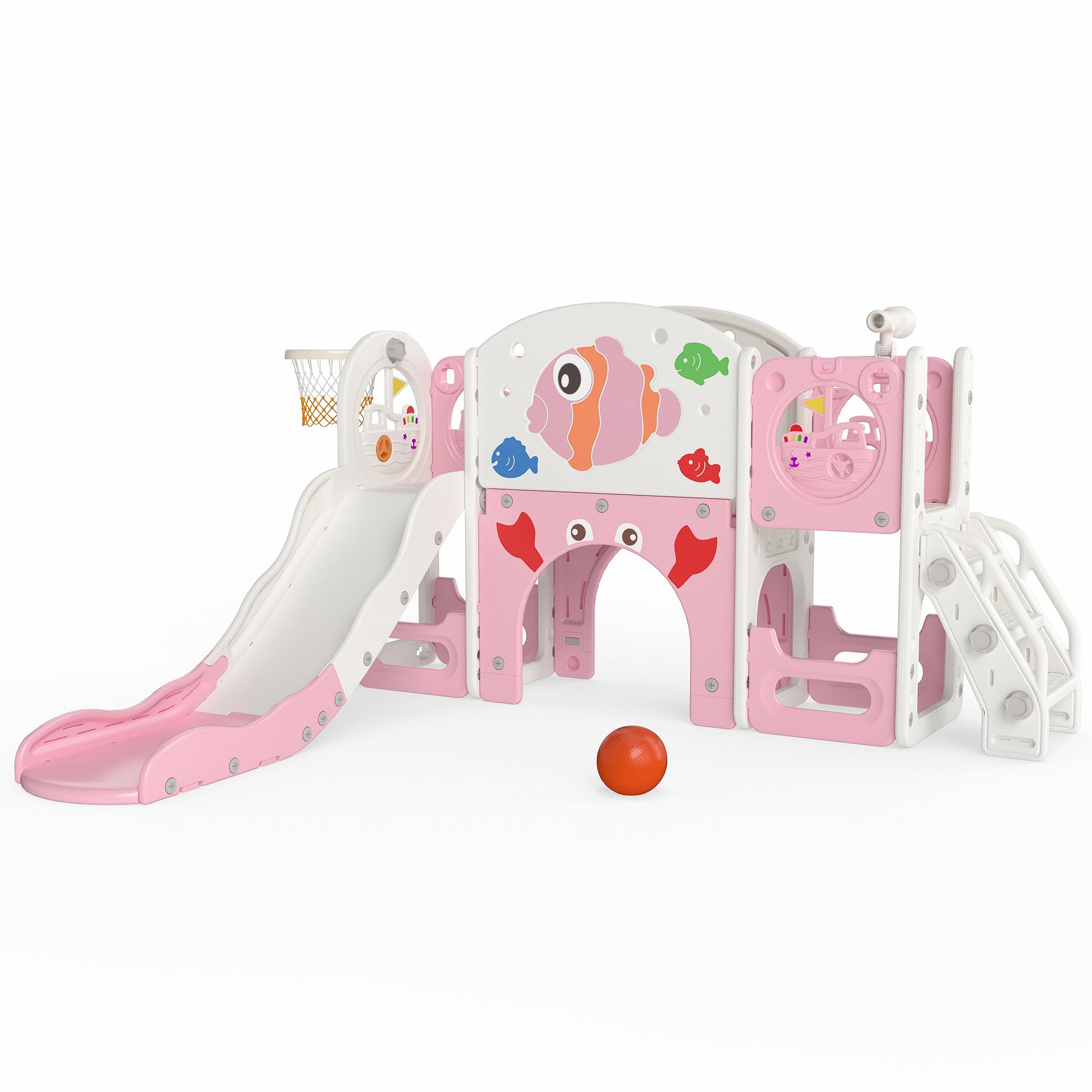 9-in-1 Toddler Slide with Climbing Ladder,Tunnel and Basketball Hoop, Indoor Outdoor Slide Set for Kids, Children's Play Equipment,Gifts for Kids Girls Boys Teen Ages 1-6 (Pink&White PinkClownfish)