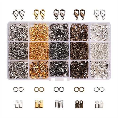 PandaHall Elite About 1800 Pcs Jewelry Finding Kits with Cord Ends, Lobster Claw Clasps and Jump Rings for Jewelry Making 5 Colors