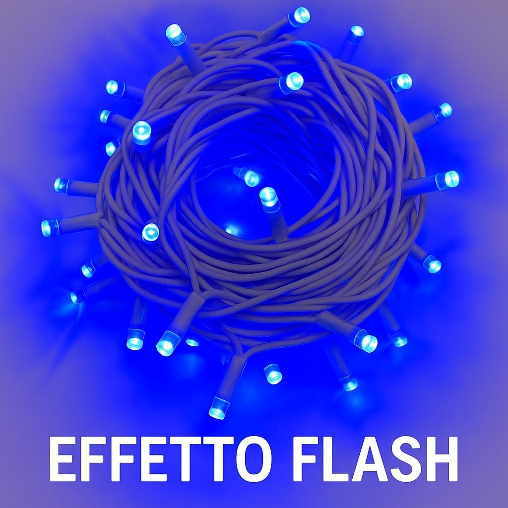 Elektronova Catena Luminosa 300 LED, 30Mt, Luce Blu, Cavo Bianco, IP65, Prolungabile, Effetto Flash, ghirlanda nataliza, negozi, balcone