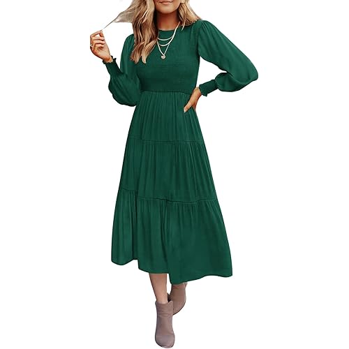 ZESICA Women's 2024 Casual Long Sleeve Crew Neck High Waist Smocked Flowy Tiered Midi Dress