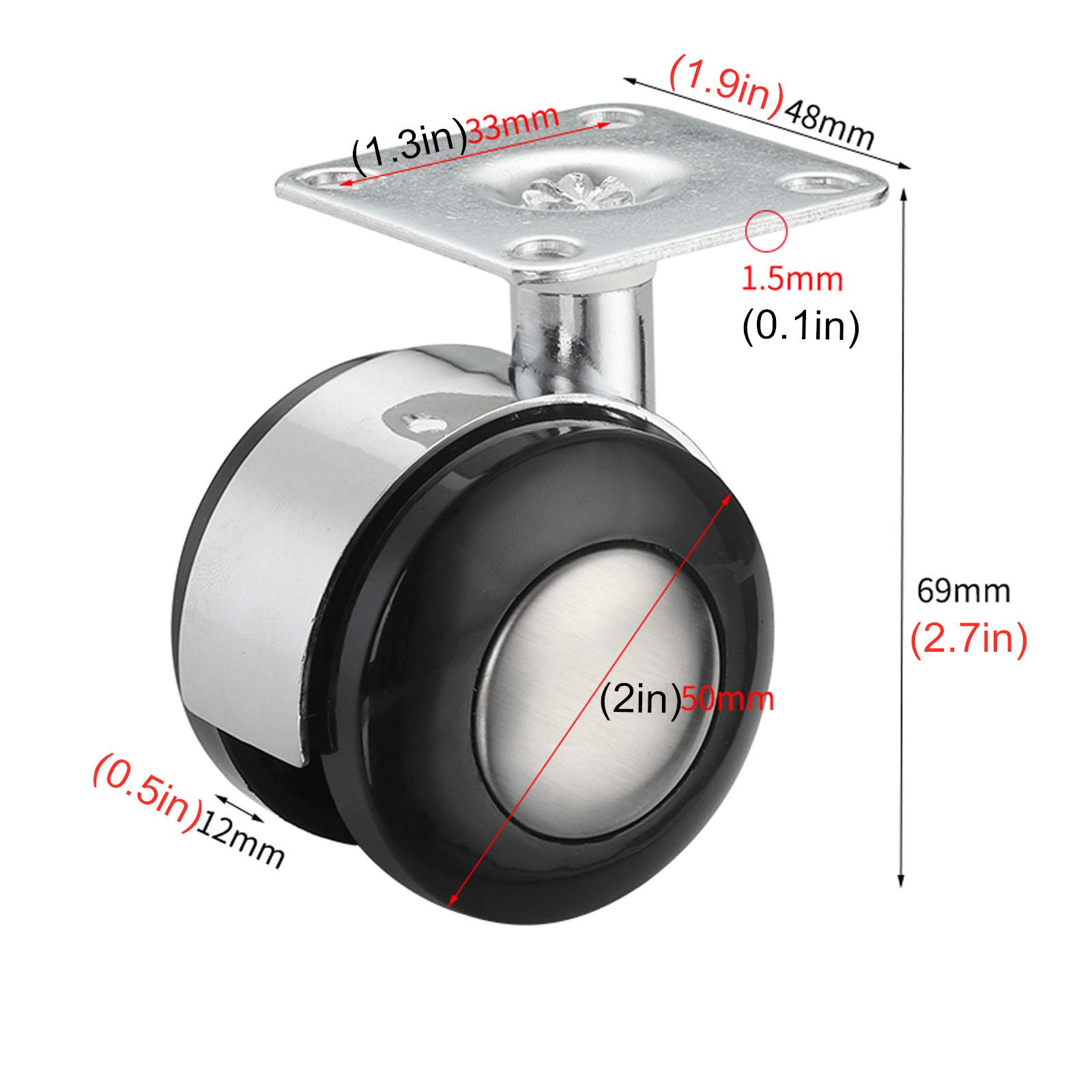 Koła skrętne Zestaw 4 kółek zamiennych Silent Rubber Fixed 4" i 5" z podwójnym łożyskiem kulkowym, do wózków warsztatowych DIY(Universal,41mm/1.6in)